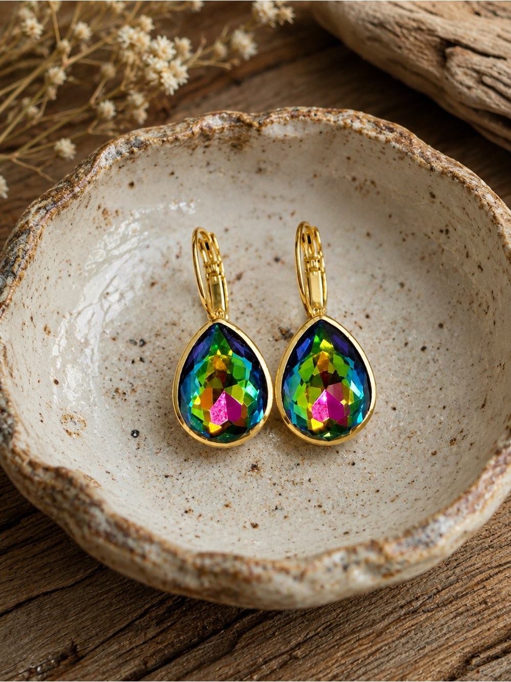 ParkilyThings Rainbow Vitrail Teardrop Crystal Earrings – gold tone leverback